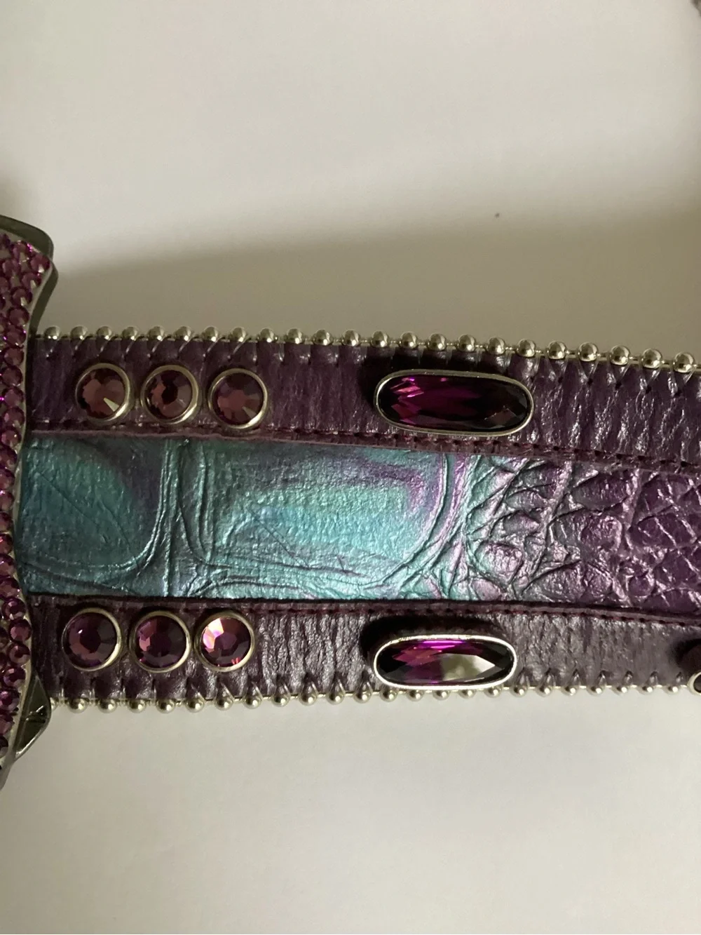 B.B.Simon Crystal Rhinestone Leather Belt Pink Purple Y2K Western Bling Glam